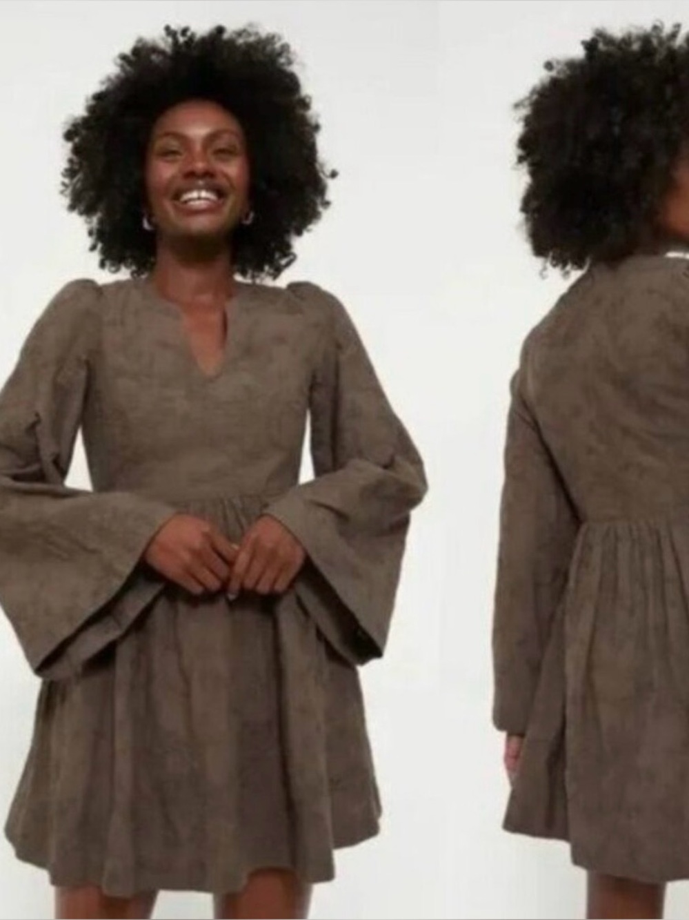 Hyacinth House | NEW Brown Becca V-Neckline Bell-Sleeved Mini Dress Size S